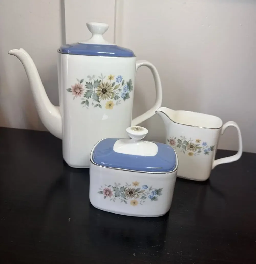 Royal Doulton Pastorale Tea Set of Teapot Creamer and Sugar Bowl with LId